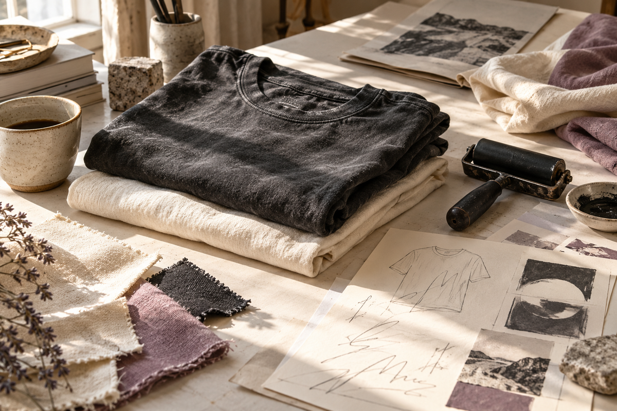 Concept illustration of a warm creative studio with cotton tees and fabric swatches