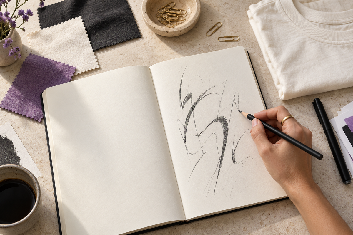 Concept illustration of a sketchbook and cotton swatches on a designer’s desk