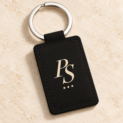 Proposed cream PS monogram on a black leatherette keychain
