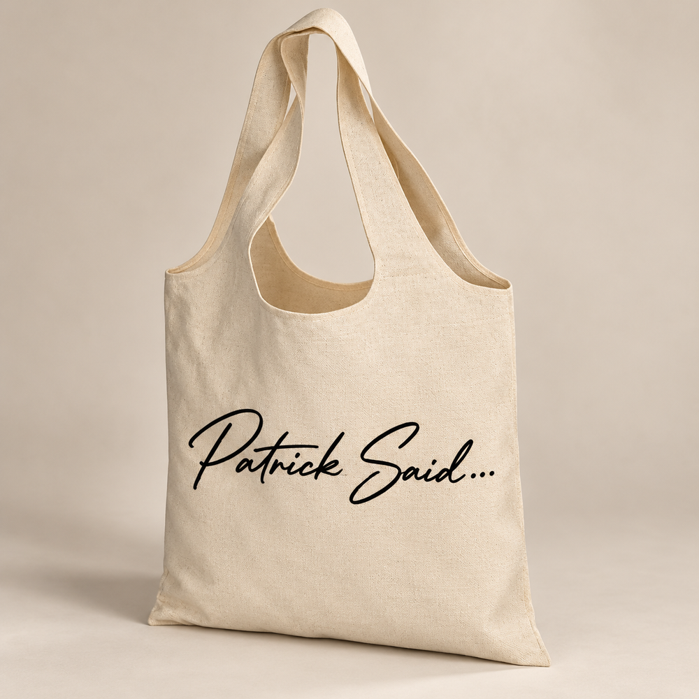 black Patrick Said wordmark on a natural cotton tote