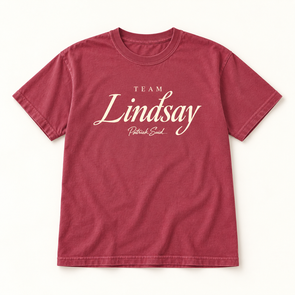 Team Lindsay Script — Women's Relaxed Tee in Comfort Colors Crimson — front design mockup